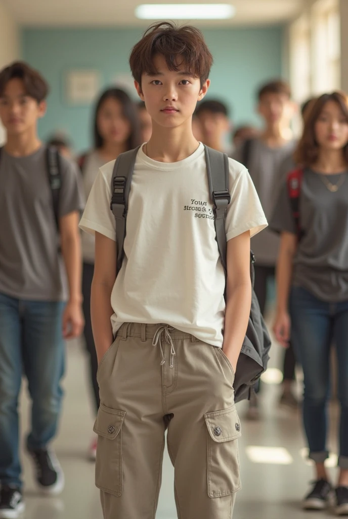A 15-year-old junior high school boy stands in a classroom，Shota，Round face and round chin，Slightly hunched，White top，Messy bangs，Eyes widen，sideface，athletic sneakers。and the sun was shining brightly，‎Classroom。