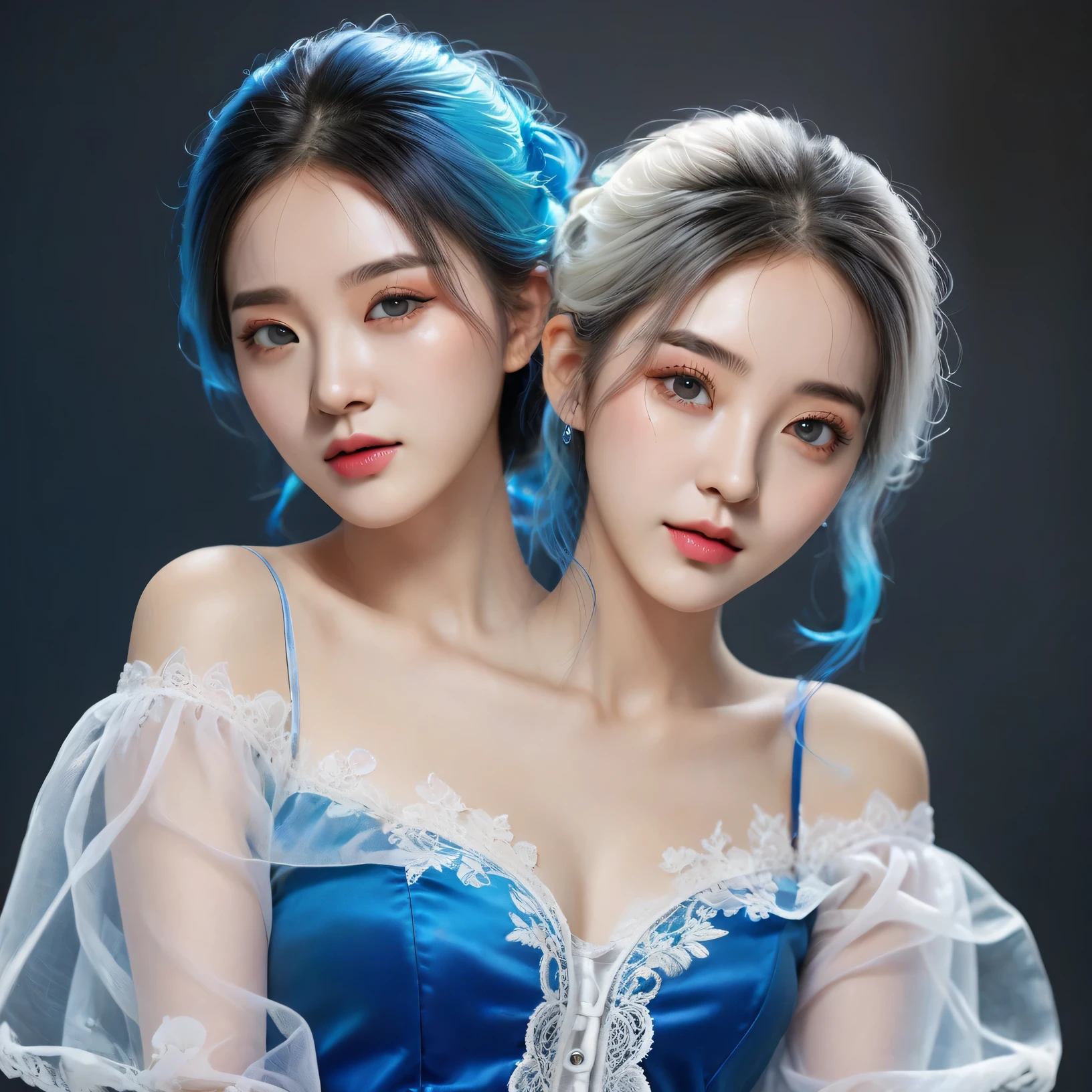 photorealistic, best resolution,korean woman with two heads, 2girls, different faces,(twoheads:1.2), (1girl),gothic,twintails,white hair, organza lace,Gorgeous and fussy clothes,gothic, flying, blue, (colorful), bold strokes, gradient blends, motion blur, shimmering textures, dynamic composition, atmospheric perspective, impressionistic, , (masterpiece), (best quality), Amazing, (beautiful detailed eyes), (finely detail), Depth of field, extremely detailed CG, original, extremely detailed wallpaper, (vivid colors), cinematic lighting, (colorful), blush,