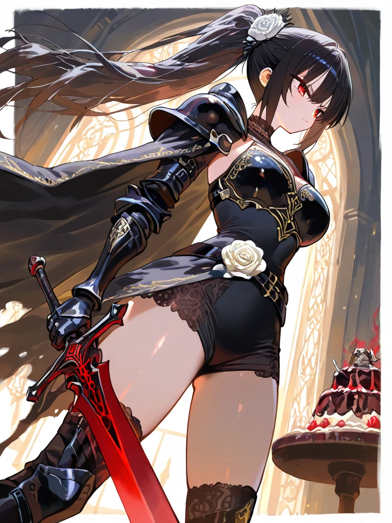 CovenSLL, Ablaze, magie, mask, NinymGP, hair ornament, best qualityer, work of art, high resolution,breasts big,look of hatred,raining in the background,holding a staff