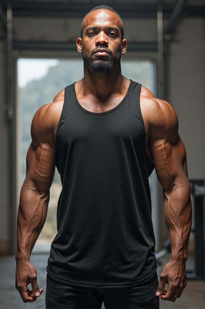 Bald Nubian, brown skin, insane detail, lean muscular build, athletic pose arms crossed, wearing joggers, just finished workout
