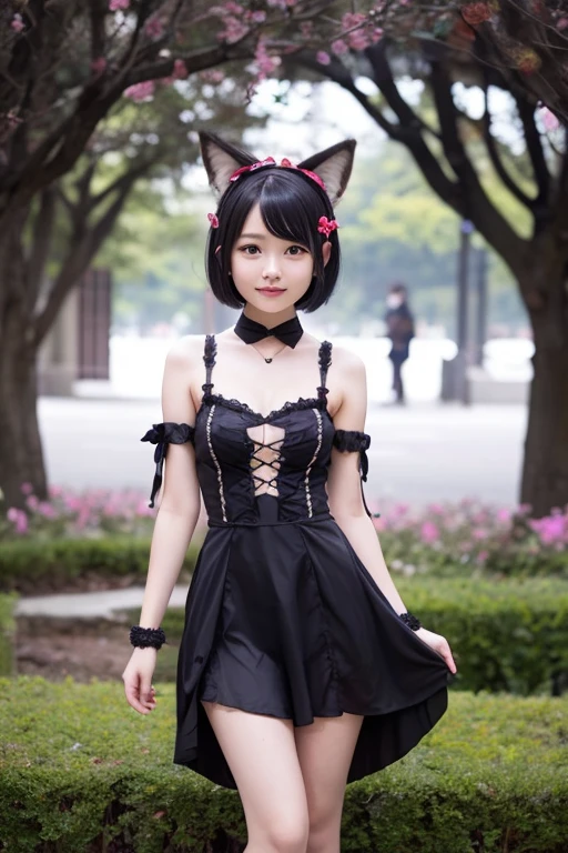 tween Emma Watson wearing a black gothic strapless playsuit in the garden, small bust, small chest, cute smile, black head accessories, black makeup. Holding a black cat.
