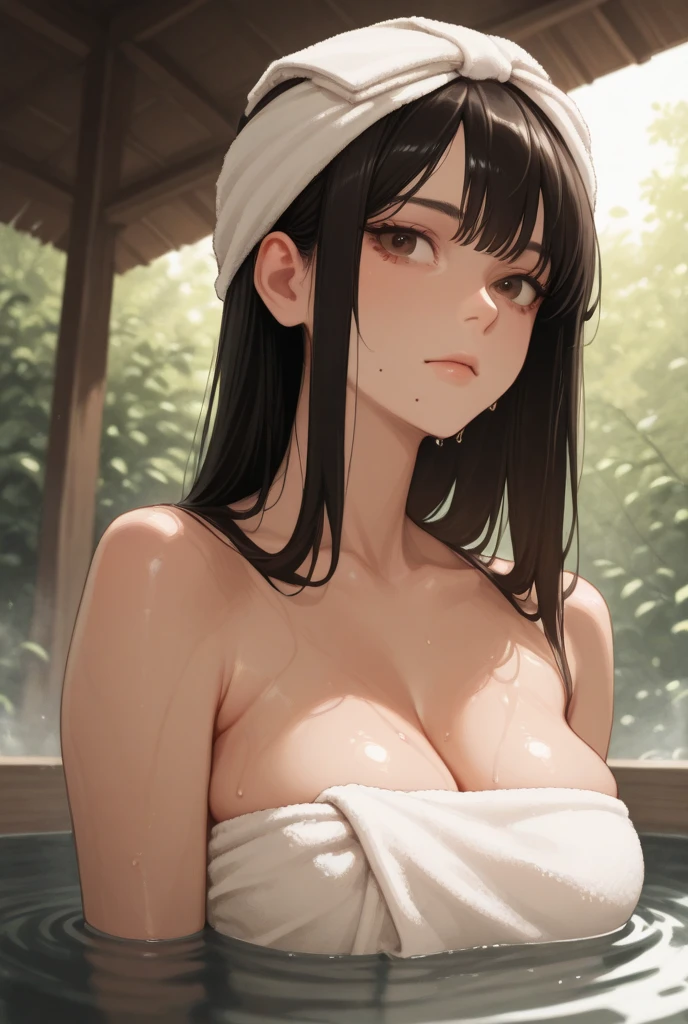 (perfect anatomy:1.2)(absurdres, highres, ultra detailed),masterpiece,best quality,high resolution,8k,Realistic face,Realistic skin texture,magnified textures, stunning clarity,detailed anime girl,(ultra detailed eyes and face),,black hair,single bun,pale skin,Japanese shrine maiden, mysterious eyes,She hides her body with a white bath towel,thin body type,big breasts,,(expressionless:1.2).(onsen:1.5) in Steampunk in the Edo Period、(Vivid hieroglyph signs and street advertisements:1.2)、sautumn、hieroglyph,look at far away,,Delicate atmosphere、