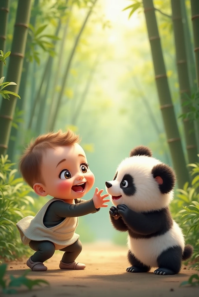 Feeding the Baby PandaThe boy is sitting on the ground, offering a piece of fruit to the baby panda. The panda, still cautious but curious, reaches out with its paw to take the fruit. The scene is heartwarming, with a soft golden light creating a sense of safety and warmth.