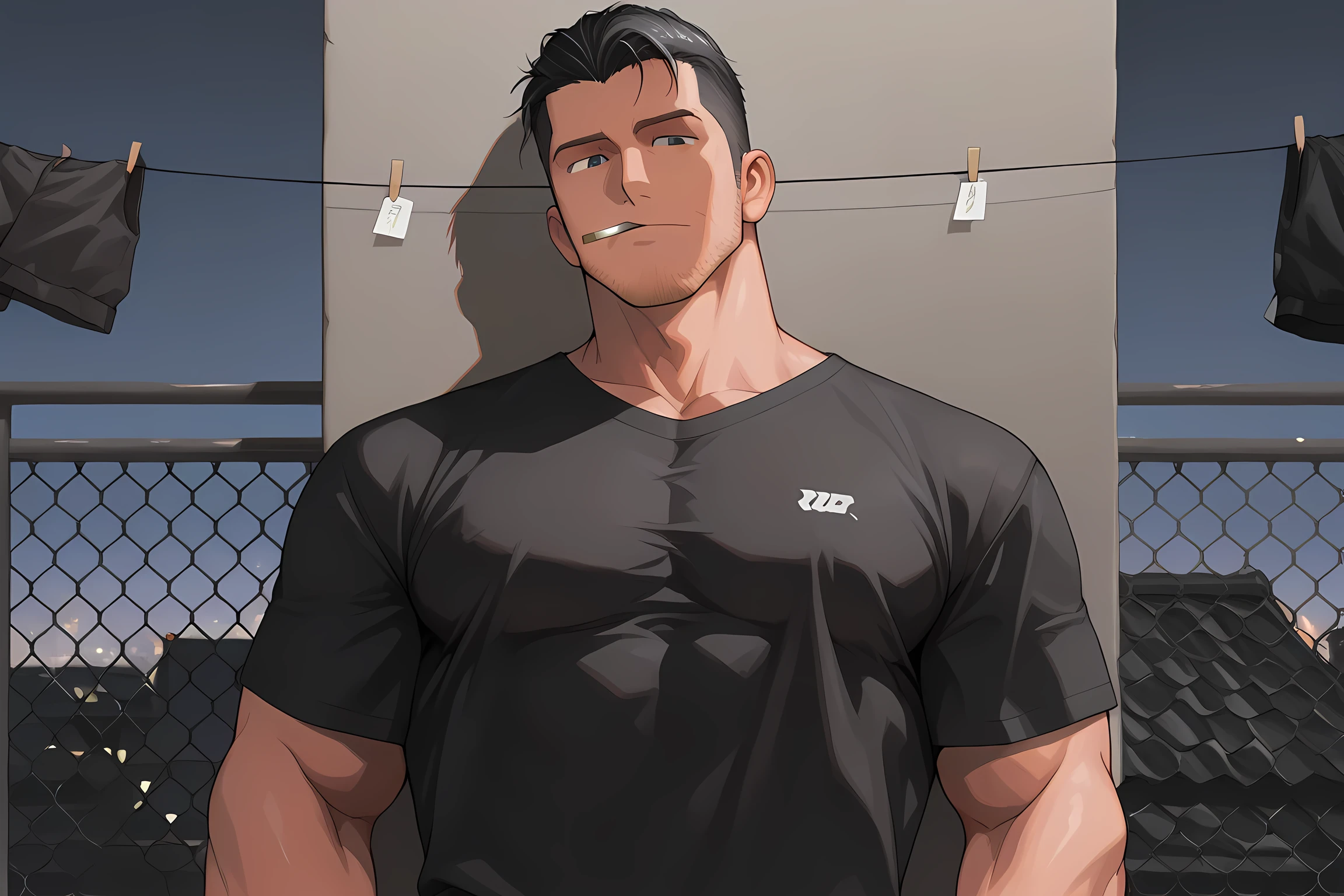 {artist:gomihebi}, masterpiece, best_quality, amazing_quality, 1boy, ((solo)), ((mature_male)), aged_up, (old), male_focus, ((looking_at_viewer)), stubble, black_shirt, loose_clothes, ((upper_body:1.2)), cropped_arms, messy_hair, crew_cut, very_short_hair, ((black_hair:1.2)), Gray_red_eyes, grey_simple_background, bara, pectorals, broad_shoulders, Asian, rooftop, night, standing, against_wall, cigarette, clothesline, leaning_back