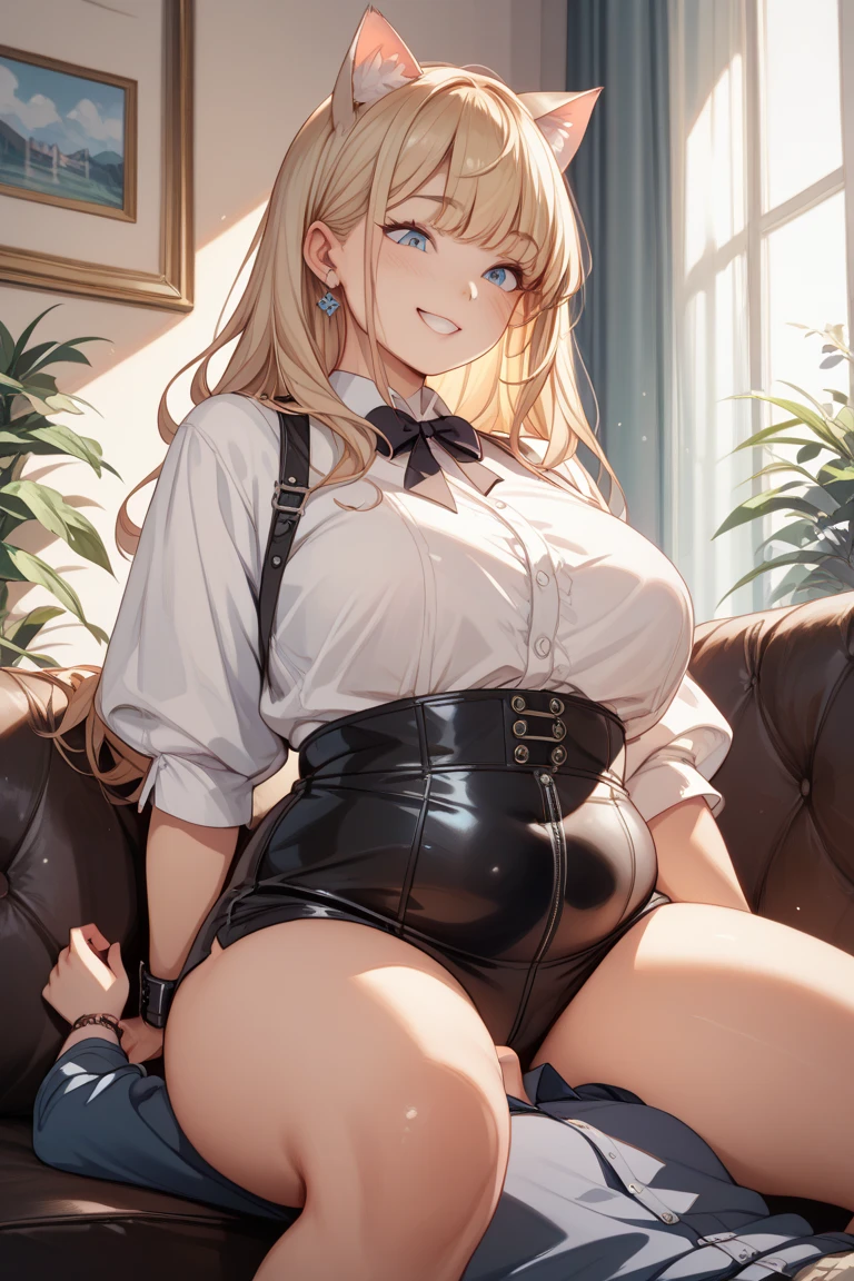 (highest quality, High resolution, perfect pixel, Depth of bounds written, 4K), upper body, (chair), (desk), (looking down), (detailed eyes), (1 lady), tall, (skinny body:1.2), (thin thighs:1.2), (Narrow hips:1.2), (teacher:1.2), (white sleeveless frilled shirt:1.2), (wet), (see-through), (cleavage), (purple bra), middle breasts, blond hair, (ponytail:1.2), (black pencil skirt1.2), (high waist), (side slit), (pantyhose:1.2), (purple panties under pantyhose), (sitting), (crossed legs), (arm behind head:1.2), (skirt lift:1.2), (seductive smile), open mouth, one eye closed,
