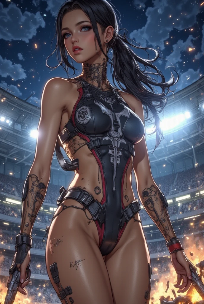 A woman with dark skin wearing a fighter's outfit covering her body