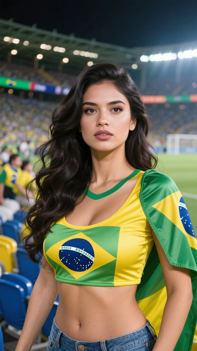 Hermosa mujer morena Brasilera con hermoso cuerpo, con ropa de vestido brasilera escotada con la bandera de Brasil y hermosas piernas, en un casino de brasil, con ojos negros y piel morena, cabello rizado negro, ((hermosa mujer morena)), ((cabelllo rizo)), ((bellos, sensuales y hermosos ojoanos hermosas)), ((Dedos completos)), ((hermosa sonrrisa)), ((hermosas piernas)), ((bandera de brasil en los hombros)), ((vestido brasilero)), ((mirada sensual y provocativa))
