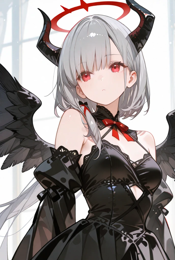 adult woman, White hair, (shoulder-length hair), ((grey eyes)), police uniform, cute face, Pretty appearance, kind look, Cozy atmosphere, kindness and positivity, nice smile, closed mouth, closed clothing, (((plain background))), (horns), Demon Girl, short hair