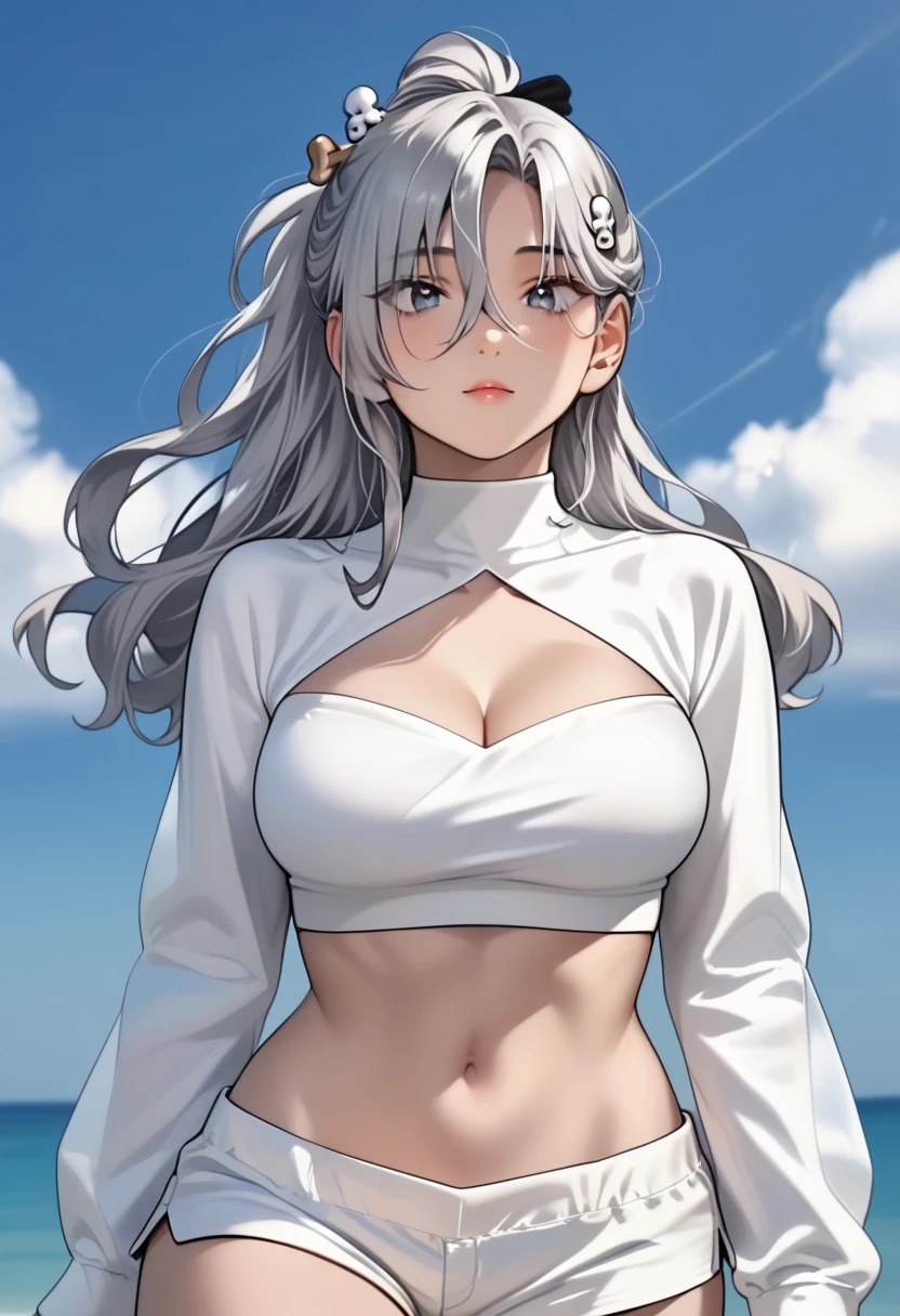 score_9, score_8_up, score_7_up, source_anime, (masterpiece), best quality, expressive eyes, perfect eyes, perfect face, oni girl, oni horns, red eyes, soft lips, long hair, very long hair, wide hips, (white hair:1.2), (white eyebrows:1), (white eyelashes:1), medium breasts:0.5, higuchi madoka, big breasts:0.3, full body, background: Concert stage, nazunaxl, cleavage cutout, shorts, clothing cutout, crop top, sleeveless, turtleneck, navel, black shorts, short shorts, belt