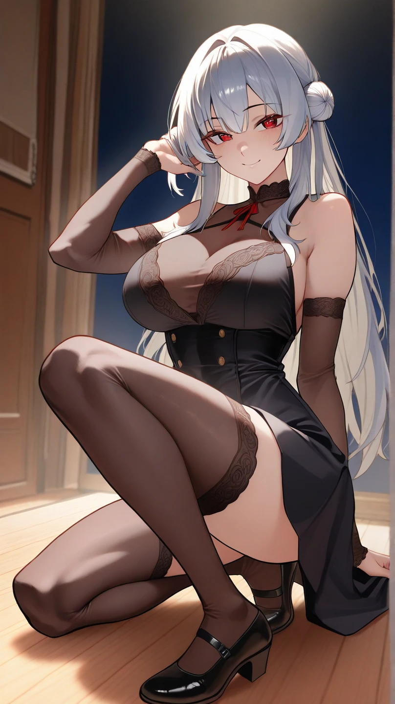 (Confused, High resolution, Very detailed), 1 female, Silver Hair, Long Hair, Reddish brown eyes, Dark suit skirt, white lace thong, garter straps, secretary, Low Ponytail, 24th generation, Beautiful woman, mature, thin, quiet, Calm, A small smile, Reception room,
