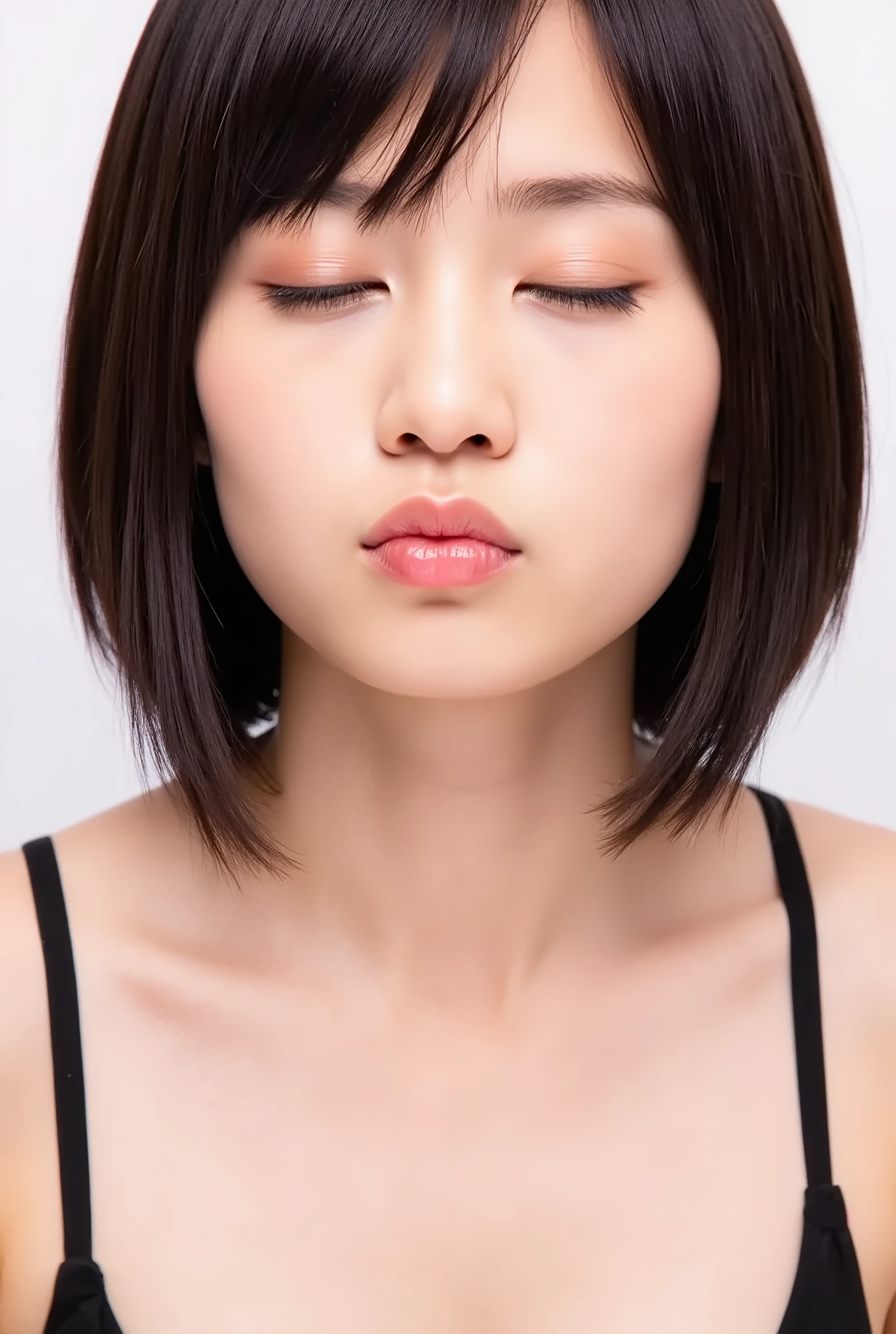 beautiful young woman, eyes closed, euphoric smile, extremely puckered lips, lips pushed far forward, tight kissy mouth, lips forming a sharp O-shape, exaggerated kiss face, heart-shaped lips, ultra glossy pink lips, flushed cheeks, ears blushing, black camisole, collarbone visible, close-up, upper-front angle, full head in frame, soft studio lighting, lips extremely pursed, lips protruding, high gloss on lips, moist lips, lip focus, plump lips, smooth skin with soft texture, faint peach fuzz, skin pores subtly visible, intense affectionate mood, face slightly tilted back