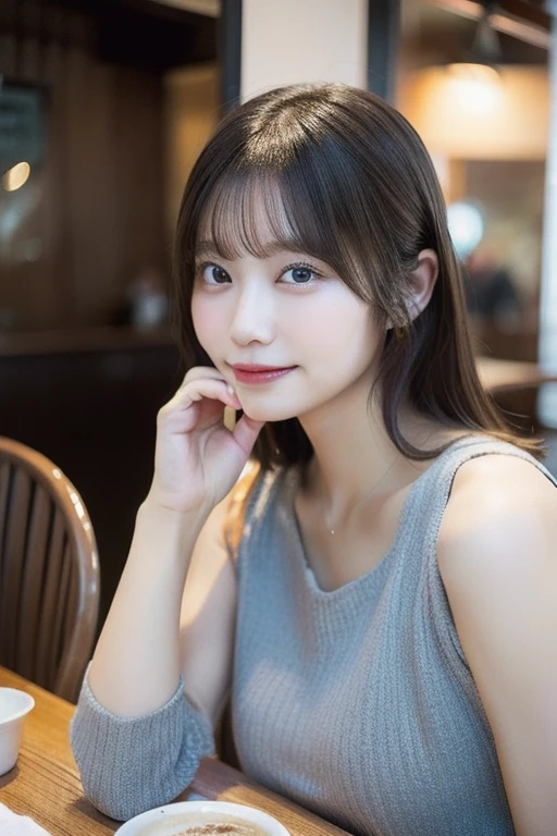 （highest quality:1.5）、(Realistic:1.5)、(1 person:1.5)、Very detailed、finely、High resolution、8k wallpaper、Perfect dynamic composition、Small breasts、Natural color lip、Cute Smile、Japanese women、20-year-old girl、Beautiful and elaborate face、Perfect and beautiful face、Beautiful and exquisite、Big eyes、Brunette's eyes、Beautiful and elaborate face、Perfect and beautiful double eyelids、Natural Bangs、Beautiful thin nose、Beautiful Skin、chestnut brown hair、Hair tied up、Natural Bangs、Open Cafe、Terrace seats、Perfect and beautiful face、Natural pose、Slim face and figure、(Looking into the camera)、Bright lighting、Professional Lighting、Front lighting、Bold sexy pose、Natural smile、Make it cold、Holter shoulder、Beautiful clavicle、Yukata、The color of the yukata is light blue.（A sexy shot of her looking straight into the camera）、
