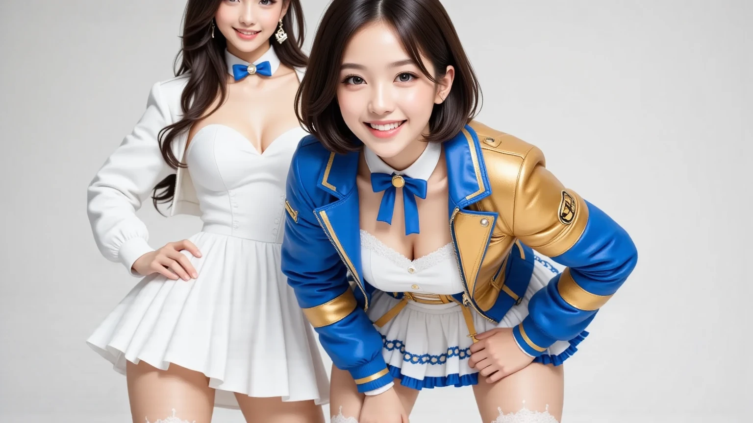 AKB idol、(colorful cheering costumes、micro mini skirt、panties on)、(pantyhose:1.3)、open your legs、Random pose with panties exposed、torn skirt、one japanese girl、best smile、Mekoji、camel toe、highest quality、masterpiece、brown bob hair、