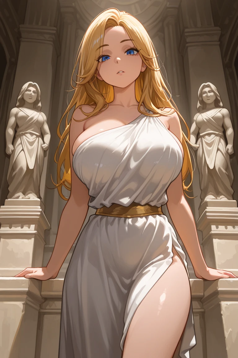 Greek goddess Aphrodite, serious and sexy face, has a face of supernatural beauty and short curly blonde hair decorated with flowers, as well as blue eyes. (perfect anatomy) , (perfect eyes) Her figure is extremely voluptuous, Gigantic breasts, Heavy breasts, Hip fitness, Cracked abdominal muscle, White silk dress, big abs muscle, she sits on her great throne of Greek marble, work of art.