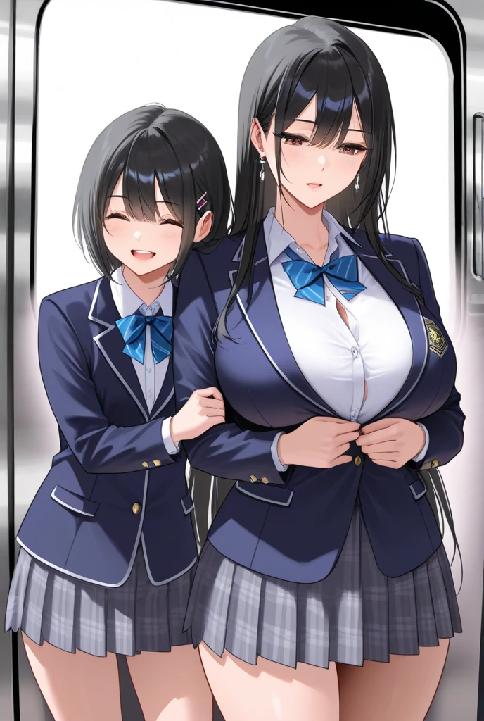 realistic anime art style,(tareme),(curvy body),black unkempt hair,bow tie,dress shirt,(navy pleated skirt),(plaid skirt),unpretentious adult woman standing in crowded train station,sweaty,nipple through,(anguish and blushed),look at viewer