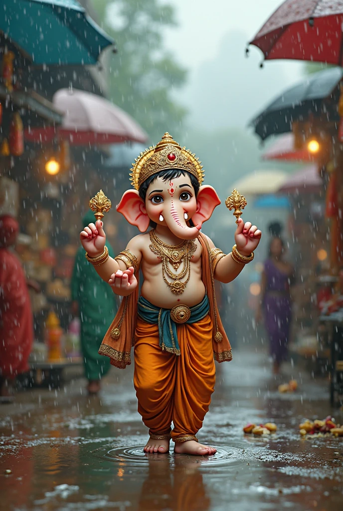 Boy lifting ganesh with hands under water with red clothes and some rain drops with text by jai ganesha