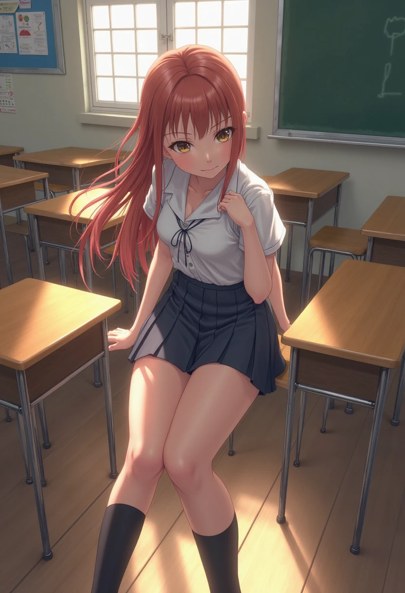 High quality, high definition, hig
h precision images,8k 1 Girl Robot Girl、red hair,Twin tails,Red eyes,Leaning forward Head decoration、School stuff,have a student ba,White shirt, black jacket, pink ribbon on the chest,robot style barrette, I'm sitting at my desk at school, the curtains are fluttering , she is sitting with her legs spread apart, her panties are slightly visible.I'm about to hand over my notebook.