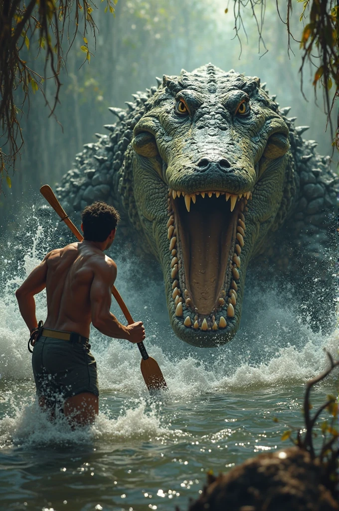 There was a man holding a spear next to a crocodile., still from a live action movie, The movie is still 8 K., Still from fantasy movies., vfx action shot, Thrilling action movies, 8K movie stills, Toy advertising images, fantasy style 8 k octane render, Epic action scenes, Spear bearer