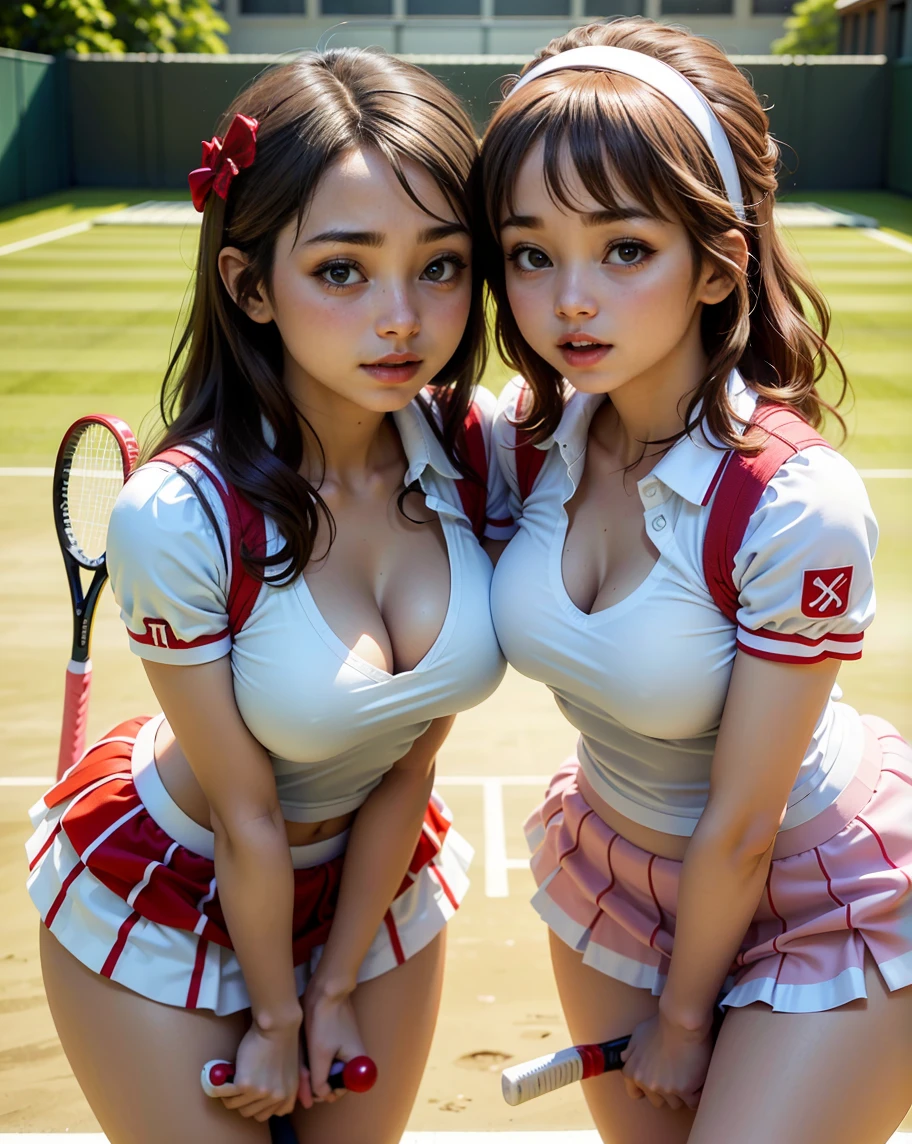nsfw,(Highest quality:1.2), 32k HDR, High resolution,(Japanese women),(Young and beautiful woman),(Two girls in tennis clothes),(Inside the tennis court),(Holding a tennis racket),(Two Women),(Lesbian),(Yuri),((見つめ合うTwo Women)),(((Wearing a red leather collar around his neck))),(((the whole body is tied with a rope))),Cleavage,bondage, shibari:1.5, (((tied both arms))),((bondage)),((Full body portrait)),Accurate,Anatomically correct,Very detailed, Attention to detail,Highest quality,(Niscart)、(Panties),The audience is watching,Crowd,Sunburnt Girl,((ミNiscart)),((Shortcuts)),((Black Hair)),