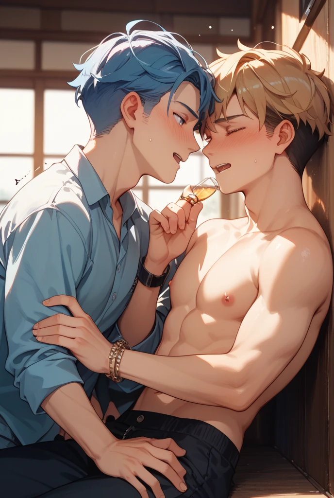 2 young men, focus man , Yaoi, pair,smile, The best aesthetics , best quality, Amazing quality, The best aesthetics,Not wearing a shirt, naked, penis, have sex , naked, 25+