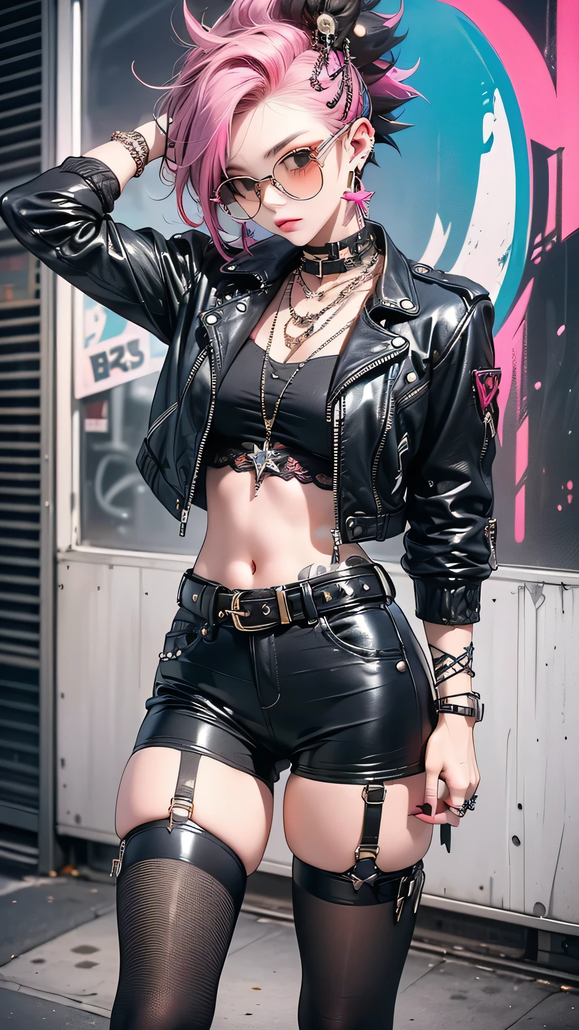 dark haired emo girl in white leather clothes, black studded belt, studded bracelet, boots with buckles, studded collar, leather harness,