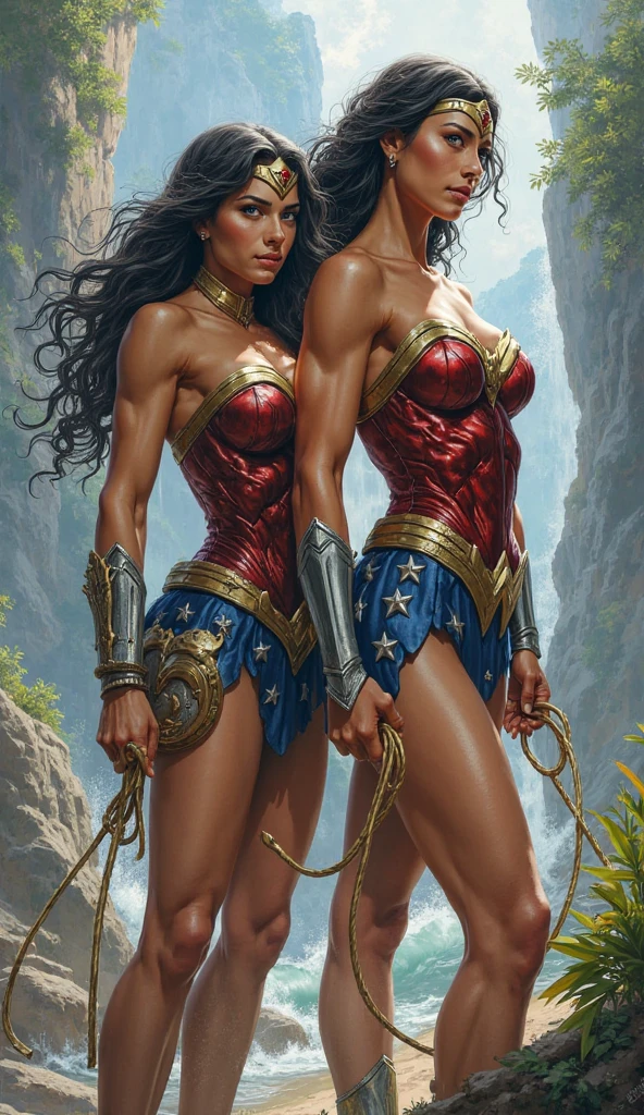 A picture of a woman with a sword and two other women, as illustrated in top cow comics, zenescope, inspired by Mark Brooks, Inspired by Clyde Caldwell, adrian smith fantasy art, Fantasy comics, Inspired by Earl Norem, author:Mark Brooks, comic cover art, tyler edlin fantasy art, pinup. lord of daggers