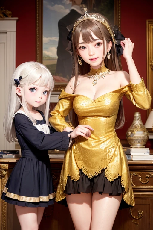 ((highest quality)), ((masterpiece)), (be familiar with), perfect face、Enchanted body
((Satomi Ishihara、blonde、blue eyes、best proportions、Satomi Ishihara、semi-long、China dress、hair ornaments、chinese hairstyle、earrings、Engagement Rings、necklace、bangle、黒China dress、luxury accessories、black China dress dress、vintage、gold embroidery、black clothes、Long slit、Satomi Ishihara、blonde))25With an old woman5old girl、Mother and daughter、blonde
中国、smile