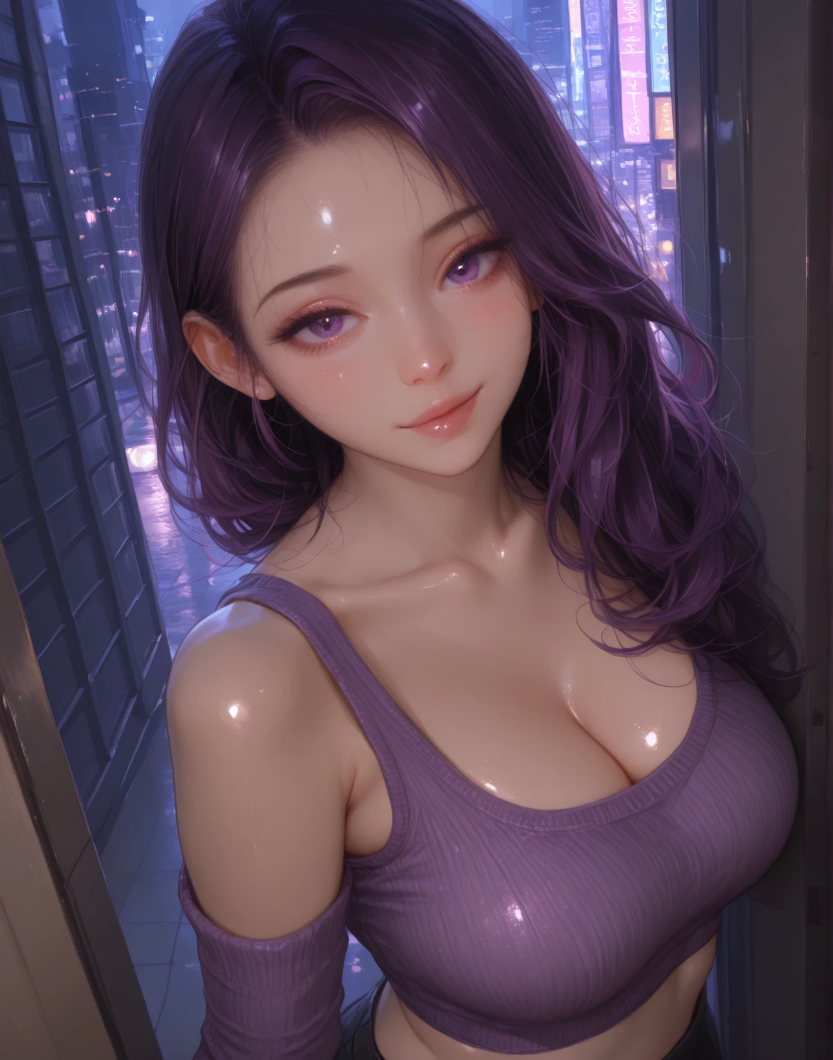 (mlprarity:1.2), (purple hair:1.5), (blue eyes, side parted hair, long hair, curly hair:1.2), (nude), diamond theme, city girl, city, (realistic:1.2), (masterpiece:1.2), (full-body-shot:1.2),(Cowboy-shot:1.2), neon lighting, dark romantic lighting, (highly detailed:1.2),(detailed face:1.2), (gradients), colorful, detailed eyes, (detailed landscape:1.2), (natural lighting:1.2),(detailed background), detailed landscape, (glamour pose:1.2), solo,