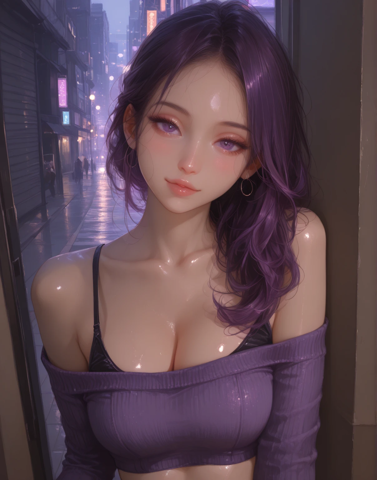masterpiece, best quality, illustration, (dynamic lighting:1.2), cinematic lighting, reflection, delicate facial features, ultra-detailed eyes, sharp pupils, realistic pupils, depth of field, sharp focus, (hyper-detailed, bloom, glow:1.4), exceptional beauty, alluring face, cute look, multicolored hair, ponytail, high ponytail, (ponytail:1.3), (high_ponytail:1.2), long ponytail, (bright purple hair:1.3), shining hair, bangs, long side bang, enchanting blue eyes, shiny, sparkle, sparkling, elegance, jewelry, ornaments, 1girl, solo focus, medium full shot, cowboy shot, white skin, intense bright, absurdres, high-res, ultra-detailed, large breasts, huge breasts, perfect breasts, round breasts, hair ornaments, earrings, perfect arms, perfect hands, perfect fingers, detailed hands, detailed fingers, perfect body, perfect, embarrassing, blushing, smiling, angelic, expert shading, extreme light effects, intense bright, glare, sharp eyelash, red lips, dynamic pose, huge smile, beautiful, accurate anatomy, perfect anatomy, showing body curves, one arm up, arm up, hands on hair, eyeglasses, (eyeglasses:1.4), (round_eyeglasses:1.2), wearing glasses, renaissance, sunshine, princess, goddess, crown, tiara, halo, lunar, lunar new year, night market background, lanterns, fireworks, royal, royal style, luxurious style, ultra detailed eyes, detailed iris, sparkle eyes, (multicolored eyes), (heterochromia), (messy hair:1.3), (bright purple hair:1.3), (long ponytail:1.3), (hair over one eye:1.3), (wavy hair:1.1), looking at the camera, standing in front of a clump of roses, (completely nude:1.3), nude. no pants, pantless, skirtless, bottomless, upper body, close up, flowers, tying hair, adjusting hair, sitting, (crossed legs:1.3), legs crossing, knees high, one knee up, bare legs, completely naked legs, slender legs, from below, from below view, nipples, pink nipples, erected nipples, perfect nipples, pink , (exposed_nipples:1.3), exposed nipples