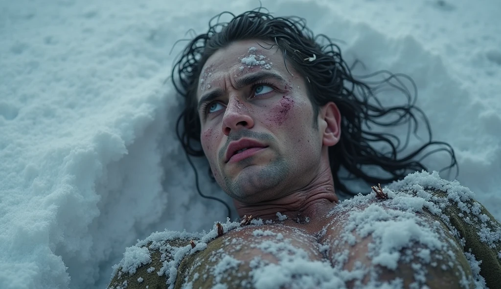 In a dark cavern, standing on a green-shining circle, shoulders hunched, head bowed, sweat dripping from his face, a middle-aged, very hairy,solidly-built superman stands naked in white briefs with a pained, pitiful expression on his face.