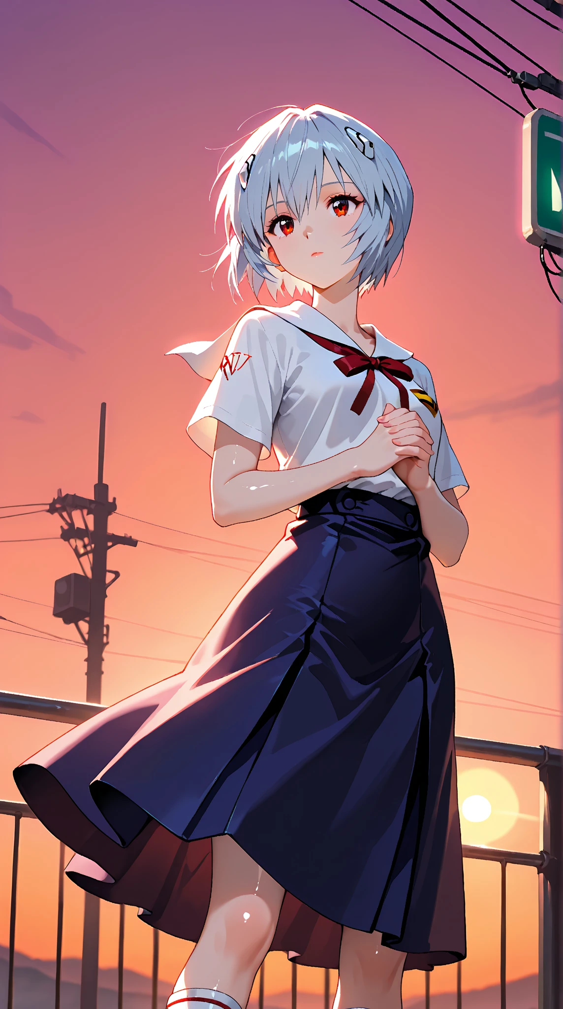 Evangelion Cockpit,Masterpiece portrait of a smiling Rei Ayanami (Evangelion), Evangelion (Hideaki), Caustics, High resolution illustration,14years, Red Eyes, Feminine, no pupils, Blue hair, Short hair, Very small breasts,Japan school uniform, lowfers, swpunk, Synth Wave, Paint splatters, shaded flat illustration, Digital Art, Trending on ArtStation, Highly detailed, Fine detail, Convoluted, Splatter, Outrun, Vaporware, neon color,undergarment,long boots