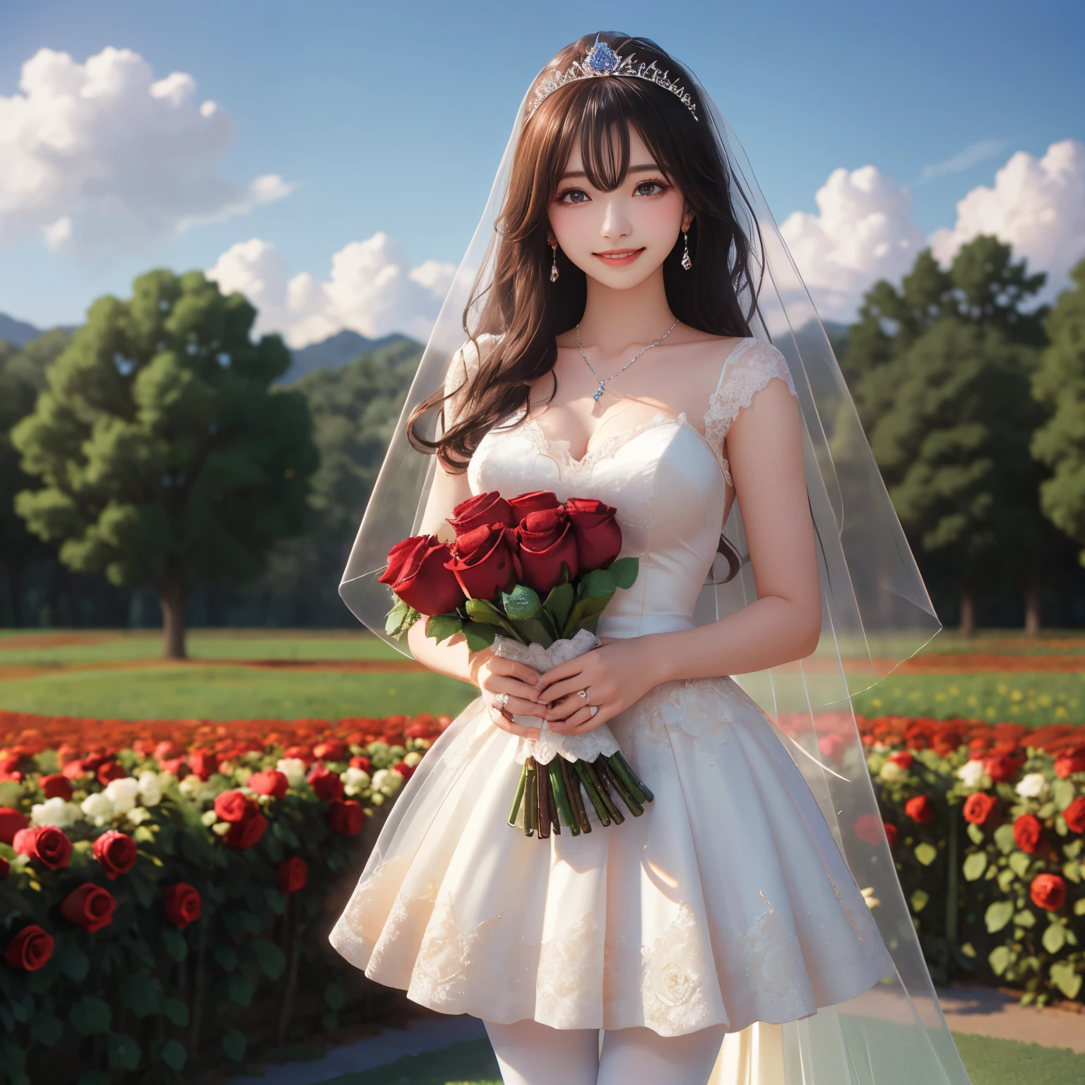 (masterpiece,best quality: 1.4),(8k,raw photo,photo realistic:1.2),shiny skin, detailed skin,detailed face,detailed eyes,Japanese idol,beautiful face,flower garden, blue sky, countryside, one beautiful girl, very pretty,short stature, (large breasts), (wedding dress, translucent veil, tiara,white pantyhose:1.2), necklace, earrings,natural makeup, (holding a bouquet of roses with both hands:1.3), (happy smile:1.2),standing,