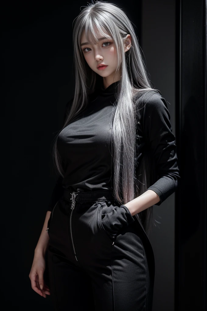 standing,Military Uniforms,pants,black military uniform,whole body,Height: 168cm,almond shape eyes,{{{{{silver eyes}}}}},{{{{{dull bangs}}}}},(slanted eyes},{{whole body},{{{1 girl}}}, long hair, straight hair,{{{{silver hair}}}},{{{tsurime}}},30 years old,{Medium chest},{{bush}},silver eyes,{{{masterpiece}}}, {{{highest quality}}}, {{Super detailed}}, {shape}, {{very delicate and beautiful}},very detailed,detailed perfect,detailed hyper,Abundant thighs,big ass,black clothes
