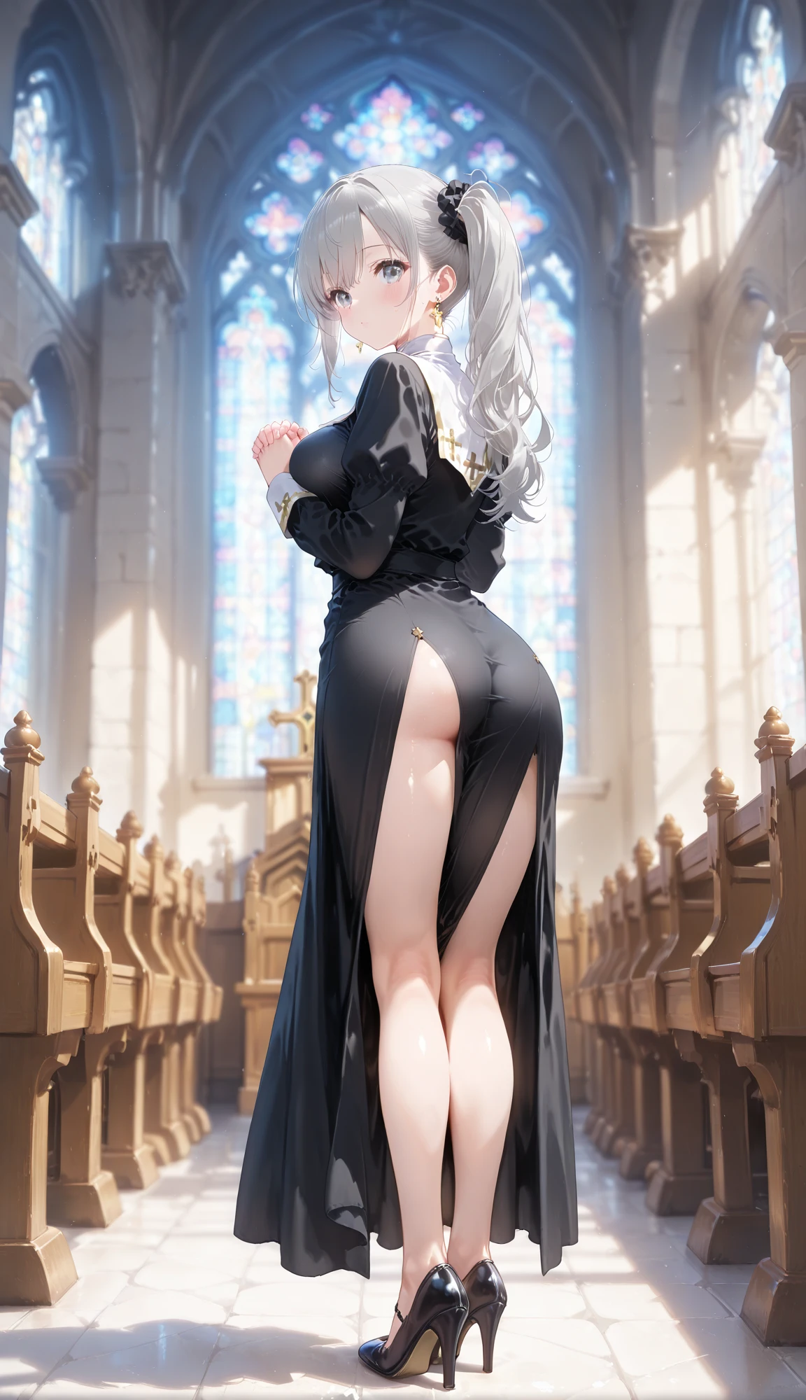Beautiful woman with perfect features , long white hair that goes down to the butt, com olhos fechados , kneeling praying to God