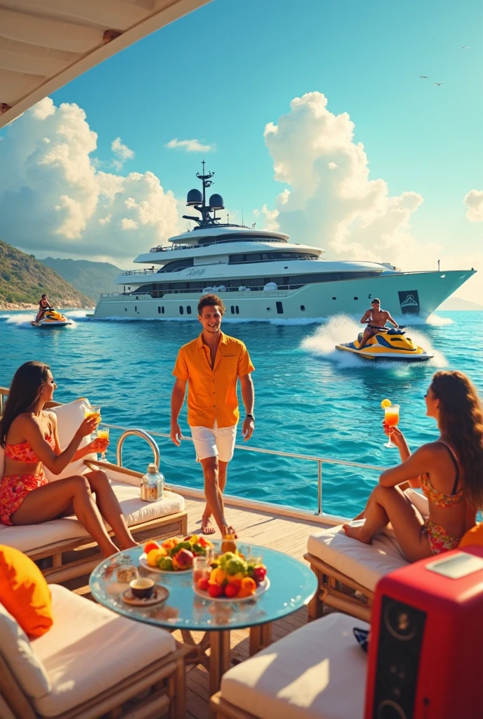 CREATE AN ULTRAREALISTIC IMAGE showing off your yacht, with an executive man dressed in blue with a wizard's cloak, baldie, with women lying down sunbathing, LINDA PARKED NEXT TO GOLD BARS and dollars next to it, rubies and emeralds, convey depth, IN THE BACKGROUND A BEAUTIFUL MANSION with modern architecture, WITH 2 elegant WOMEN with sinuous curves and dressed in long dresses NEXT TO THE BMW A HANDSOME YOUNG WIZARD IN BLUE CLOTHES AND FULL OF JEWELS, PERFECT WIZARD HANDS WITH 5 FINGERS. Emphasize richness and sensuality, show a lake next to it with yacht