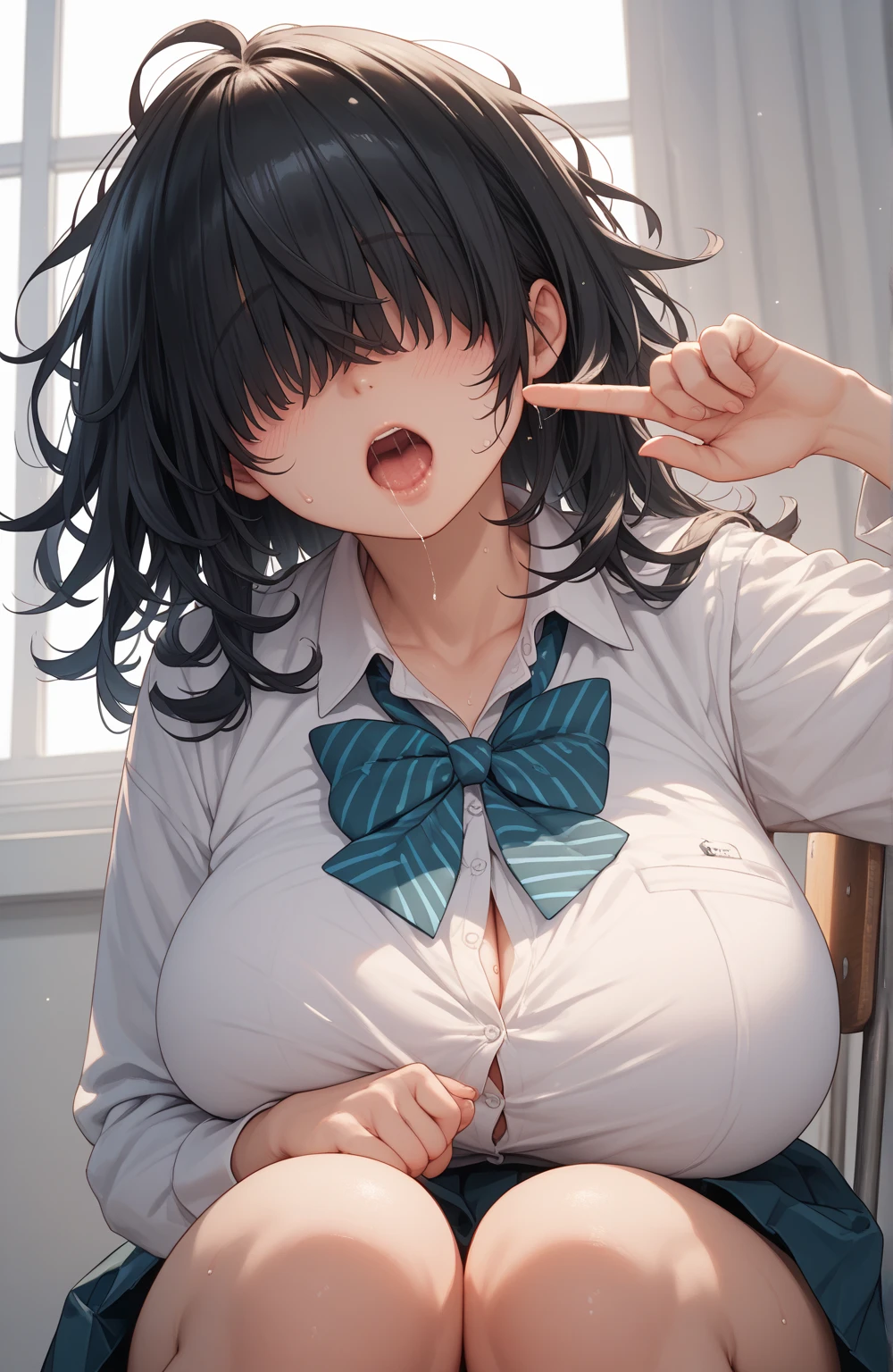 in the train、Black bob hair、hairpin、high school girl、Embarrassing、Drooling profusely、Large Breasts、Soft Breasts、((Taking the penis deep)),Drooling、Pale pink nipples、Cross-eyed、Looking up、Top view、Put your penis deep in your throat