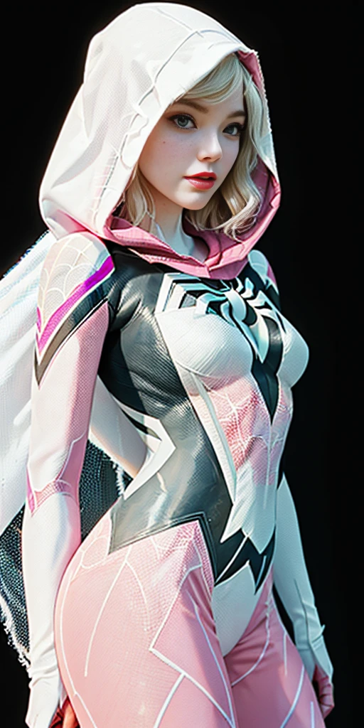 a close up of a woman with pink hair wearing a white hoodie, spider gwen, spider - gwen, spider-gwen, wearing white silk hood, maya ali as a cyber sorceress, in spandex suit, amouranth as a super villain, ( ( spiderwoman ) ), clothed in hooded, shiny white skin, tease, gwen stacy