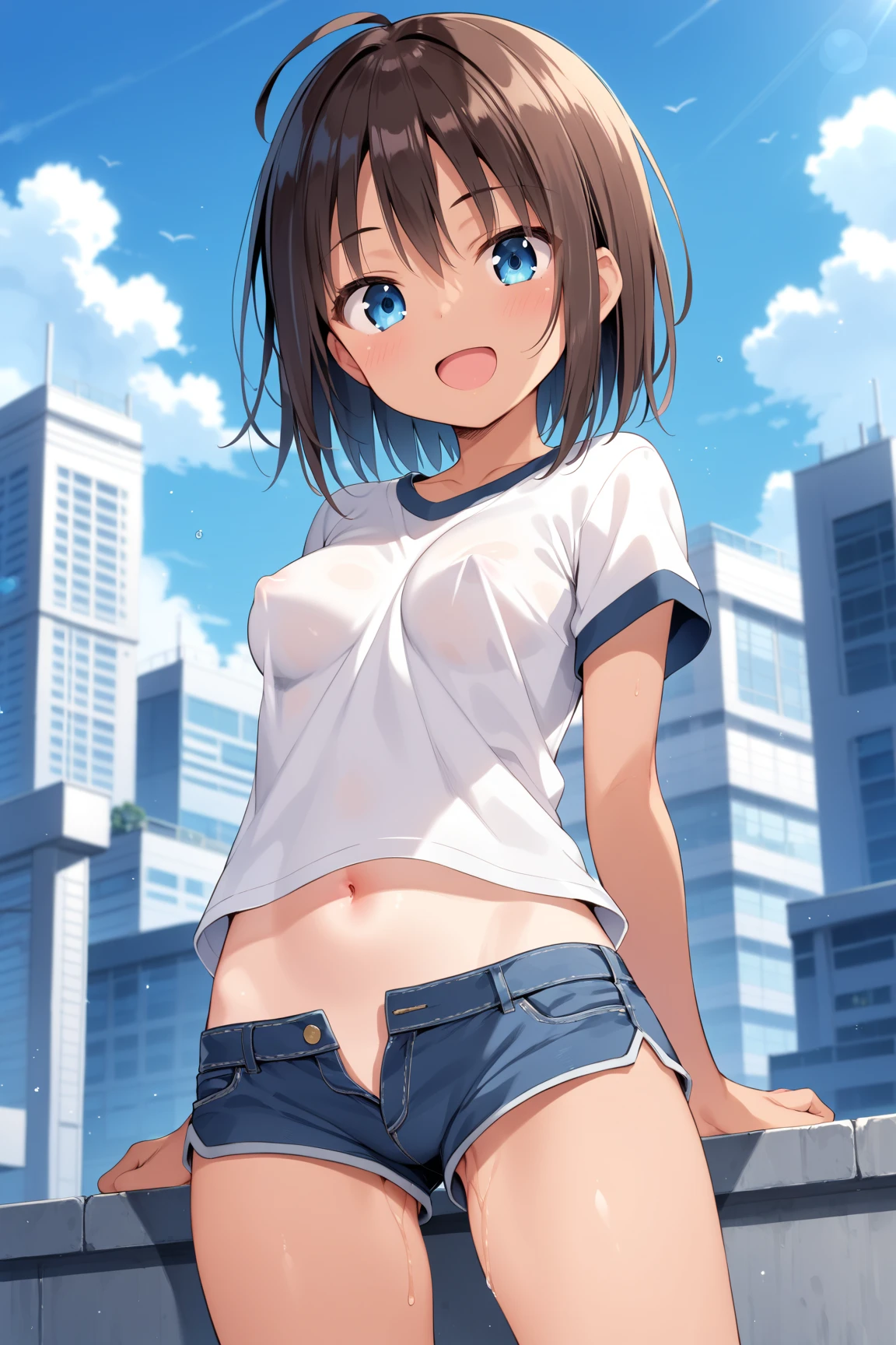 One Girl,,(small),Outdoor,belly button,Sporting goods,Short shorts,The audience is,Knee socks,shoes,,((Browsing Caution)),((nsfw)),short hair, Nipples