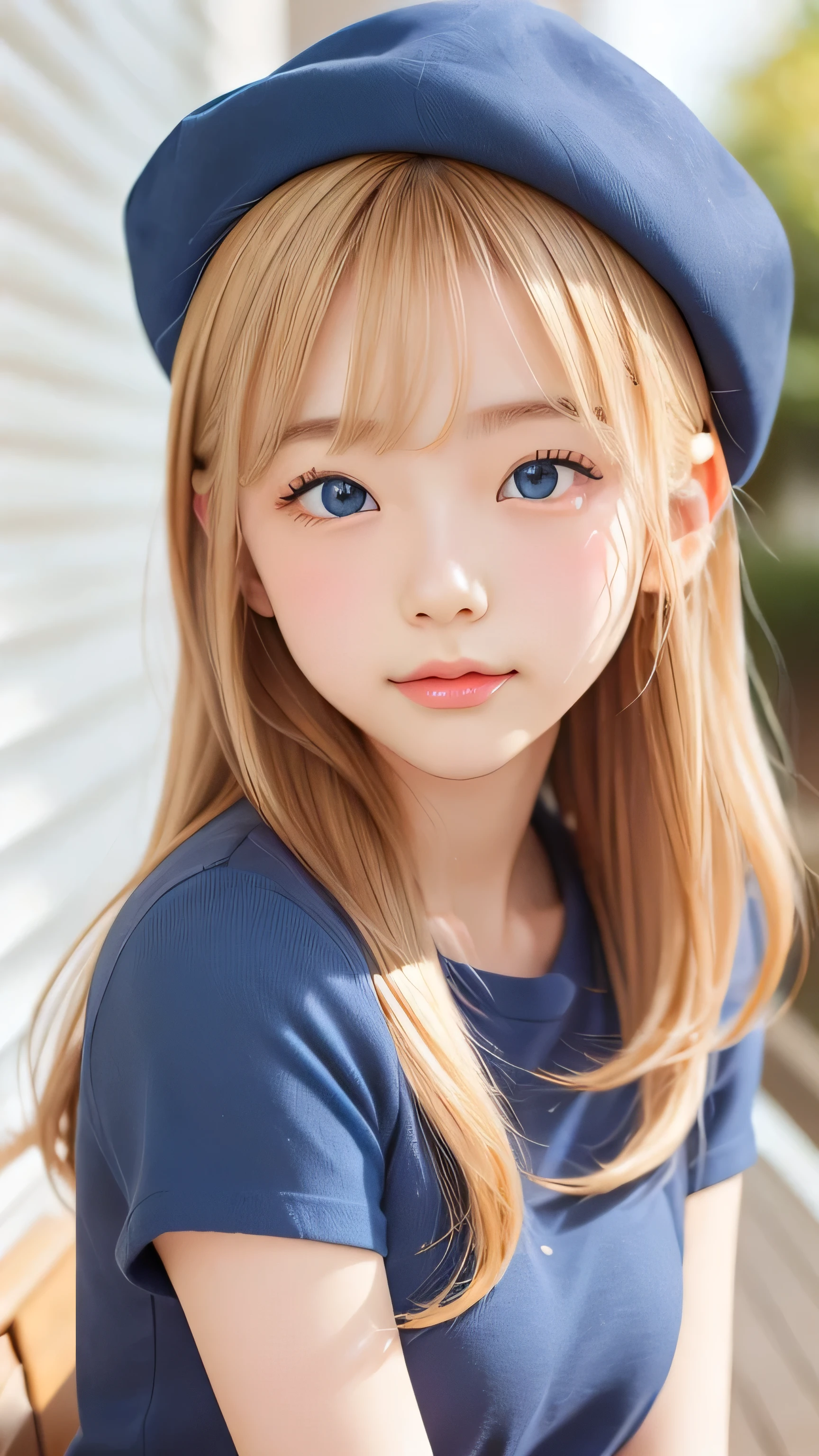 Portrait of a blonde girl in a blue hat and a blue shirt