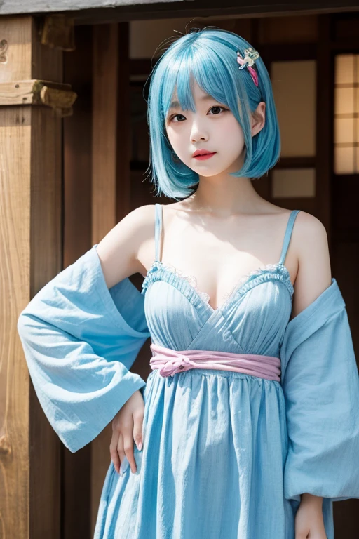 exquisite facial features,Cute loli,adorable round face,Blue hair,short detailed hair,looking at viewert,White-colored skin,navel,with brown eye,full bodyesbian,inside a room,blue colors, Exposing cleavage,ancient wind,Costume Hanfu,Naked,Stood up,actual