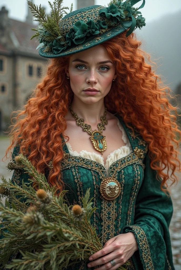 masterpiece, best quality, expressive eyes, perfect face, looking at viewer, large breast, big breast, small waist, , Best Quality, Realistic, perfect figure, highly detailed, showing cleavage, dressed as merida from brave, Red curly hair, big hair, blue eyes, Green outfit, in the forest, bow and arrow, detailed dress, freckles on her face, cheek blush, big puffy hair, very curly hair, castle in the bakcground, wearing a green cape, large nipples, short dress white stockings, garter, full body portrait