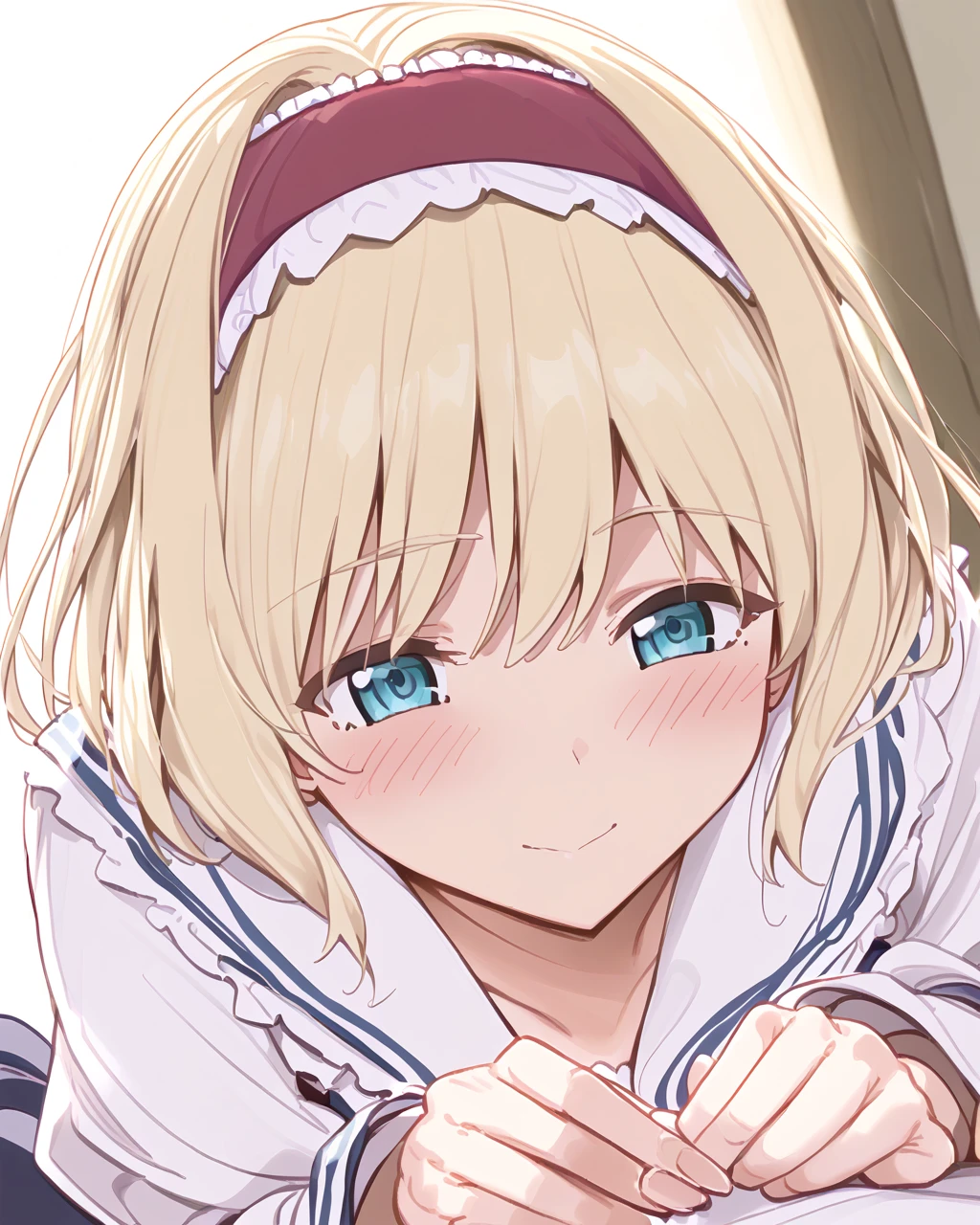 Young blonde girl, in white dress, details of the veil in blue, close up, image of the face