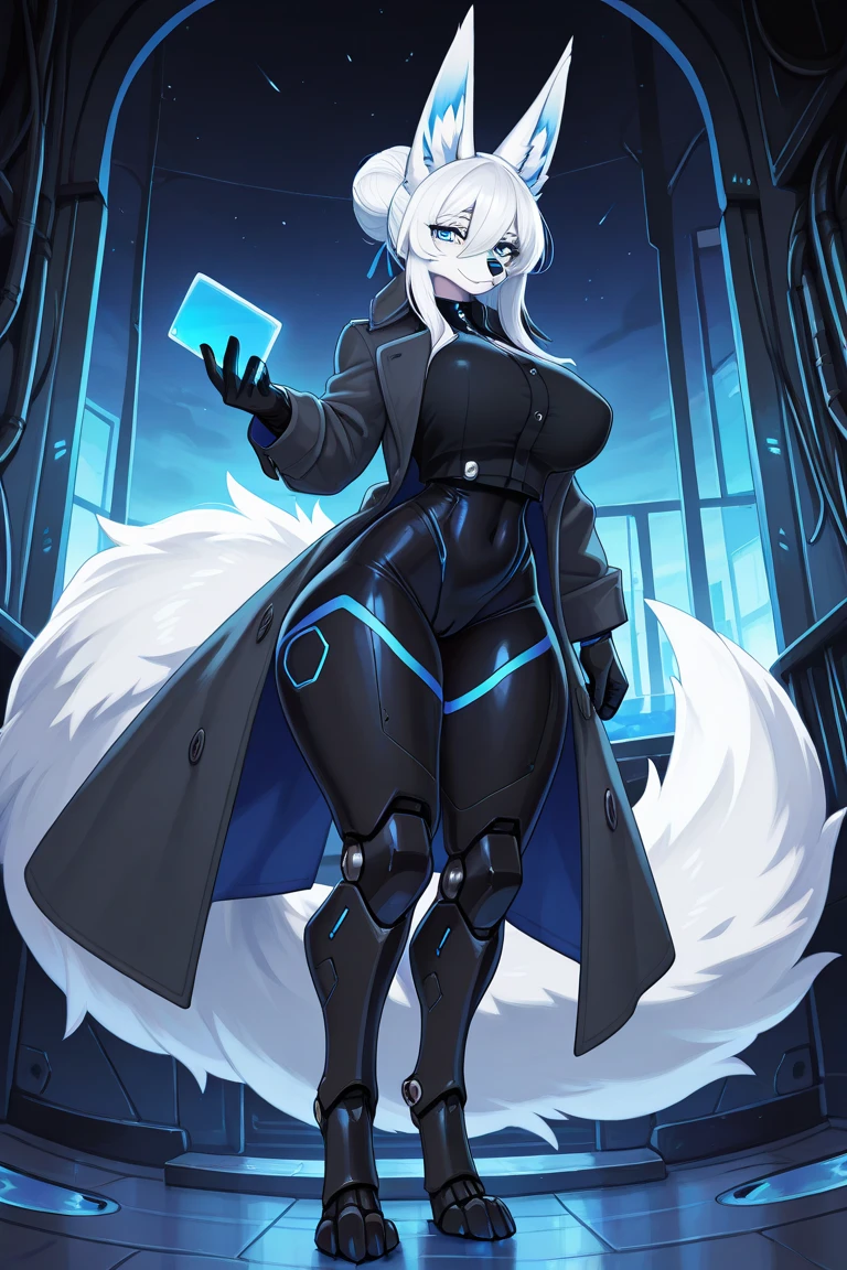 A girl with gigantic breasts stands proudly as the centerpiece of this masterpiece. Her gray hair flows gracefully around her face, framing her beautiful detailed eyes and lips. She exudes confidence and intelligence, dressed in a sleek lab coat and wearing glasses. Her outfit is completed by thigh highs and a long tail, hinting at her anthro nature.
In the background, a futuristic space station can be seen, with sleek and modern architecture. The laboratory within the station is bustling with activity, with scientists working on advanced experiments and cutting-edge technology. The lighting is soft but vibrant, accentuating every detail of the scene. The atmosphere is filled with an air of innovation and discovery.
The image quality is top-notch, with high-resolution details that bring the artwork to life. The colors are vivid and realistic, with a touch of warmth to create a welcoming ambiance. The intricate details on the girl's face and the textures of the materials used in the artwork are exceptionally sharp, showcasing the artist's skill.
Overall, this prompt captures the essence of a futuristic scientific world, combining elements of fantasy and reality. It invites the Stable Diffusion model to create a visually stunning image that showcases the balance between beauty and innovation.