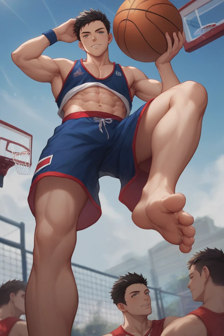 Male, Masculine, Hirsute, European, flex, Pale skin, Sweat, basketball player, Hold a basketball, full bodyesbian, Barefoot, big feet, White socks, Playing basketball, Solo, 1 man, Jumps,wearing only his underwear, Naked, Topless