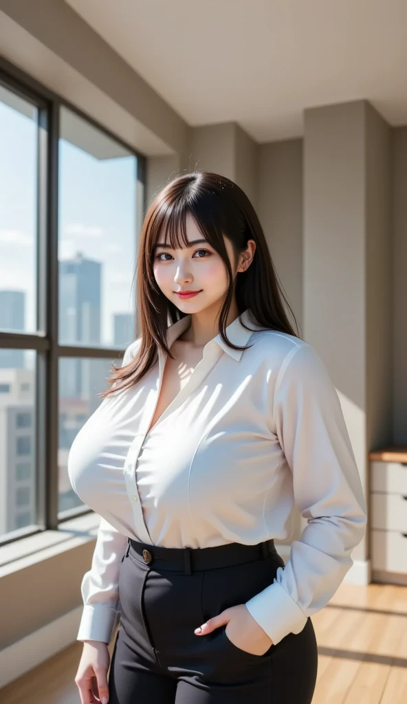 ((Highest quality)), ((masterpiece)), (Familiar), Perfect Face, fox lady, Pretty girl, Fox Ears, Fox tail, She has a northern fox tail, She wags her fluffy tail, She is a pretty office worker., Beautiful hip line, Thick thighs, One big tail, The tail is sticking out of the pants, Nice body, Shyly staring at his tail, Only one tail, a shy face