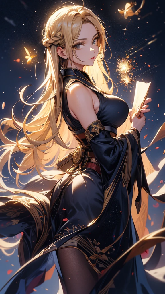 masterpiece, high quality, 4K, Beautiful design, silhouette,blonde, 非常に詳細な夜のStarry Sky,Flower Field, wonderful, Finer details, Very knowledgeable woman, Highly detailed solo, 1 female,Big Breasts,dress,Night view,Starry Sky,full moon,