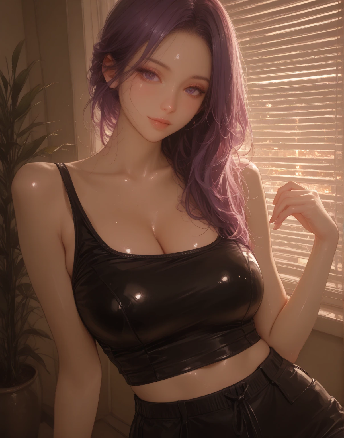 bunny girl, (tan skin:1.2). long purple hair, blue eyes, tight purple turtleneck sweater,