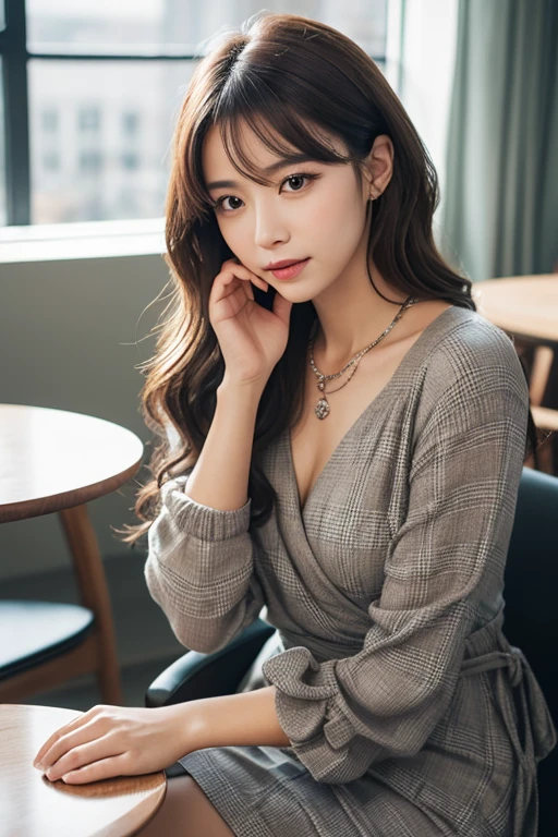 masterpiece、1 beautiful girl、Detailed eyes、Puffy eyes、Highest quality, 超High resolution, (reality: 1.4), Cinema Lighting、Japanese、Asian Beauty、Super Beauty、Beautiful Skin、thin、Body facing forward、(Surreal)、(High resolution)、(8k)、(Very detailed)、(Beautiful and detailed)、(Very detailedな)、 (wall-)、Detailed face、Bright lighting、Professional Lighting、View your viewers、Look straight ahead、(The costume is a knit dress)、Long Hair, My hair is messy, Asymmetrical bangs, 、Night view、Brown Hair、Japanese Idols、Korean Idol、Burning idol pose、21 years old、expensive, smile, erotic、sexy、左目の斜め下外側にsexyほくろ