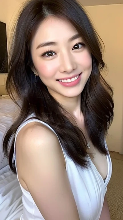 ((Highest quality、8K、High resolution、High resolution:1.3))、1 female、25 year old Japanese woman、((whole body:1.4))、(Sit on the bed、Sitting:1.1)、Slim figure、((Medium breast、Bust of average size、Beautifully shaped breasts:1.2))、Smiling Kindly、(Micro bra、Micro Panties:1.3)、Medium Hair、Dark brown hair、Detailed Hair、Cinema Lighting、Highly detailed face、Beautiful Lips、Detailed eyes、double eyelid、Beautiful black eyes、looking at the camera、Narrow Face、Sharp face line、Look at us、Natural smile、Photorealistic、A vivid face、Natural Makeup、8th life、 a luxury hotel bedroom、Bright lighting