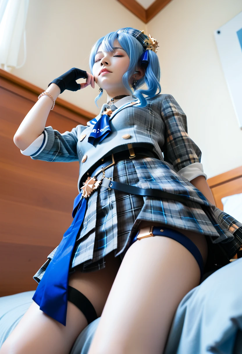 1girl,sitting on a cozy couch,crossing legs,soft light